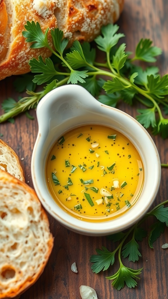 Garlic Herb Dipping Oil Recipe A dish of garlic herb dipping oil with fresh herbs and crusty bread on a wooden table.